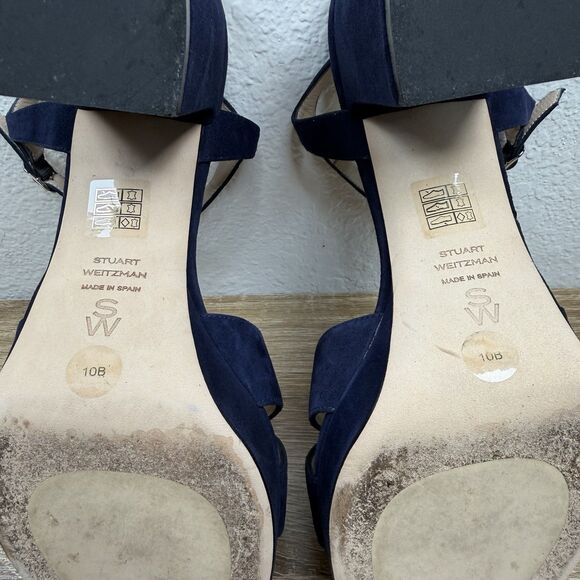 Stuart Weitzman Dayna 80MM Leather Platform Sandals SIZE 10 B Blue Suede